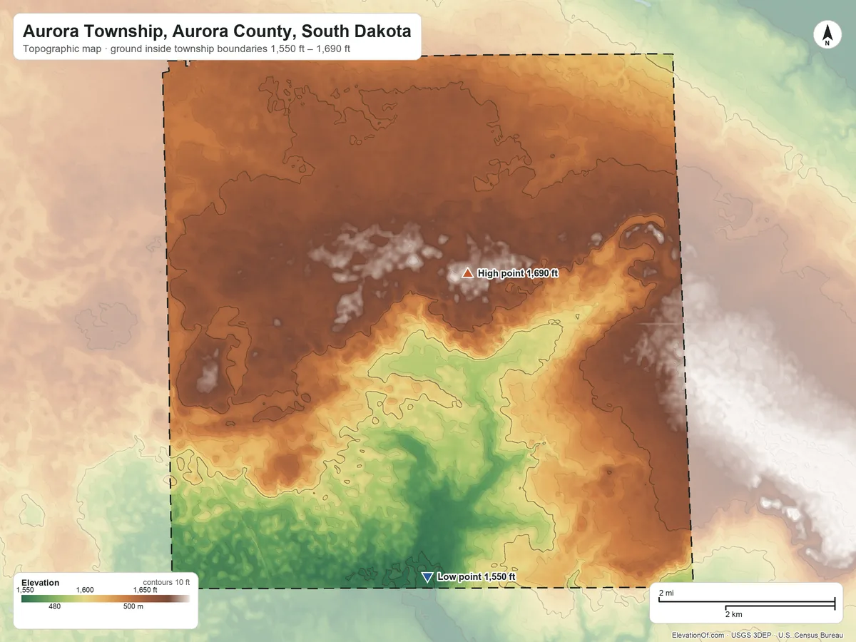 Topographic elevation map of Aurora Township, Aurora County, South Dakota, shaded from 1,550 ft on the south side to 1,690 ft near the middle