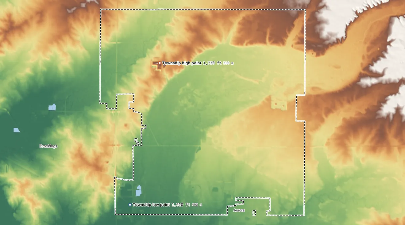 Topographic elevation map of Aurora Township, South Dakota, shaded from 1,610 ft on the southwest side to 1,730 ft on the northwest side