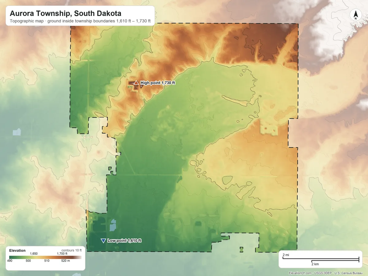 Topographic elevation map of Aurora Township, South Dakota, shaded from 1,610 ft on the southwest side to 1,730 ft on the northwest side