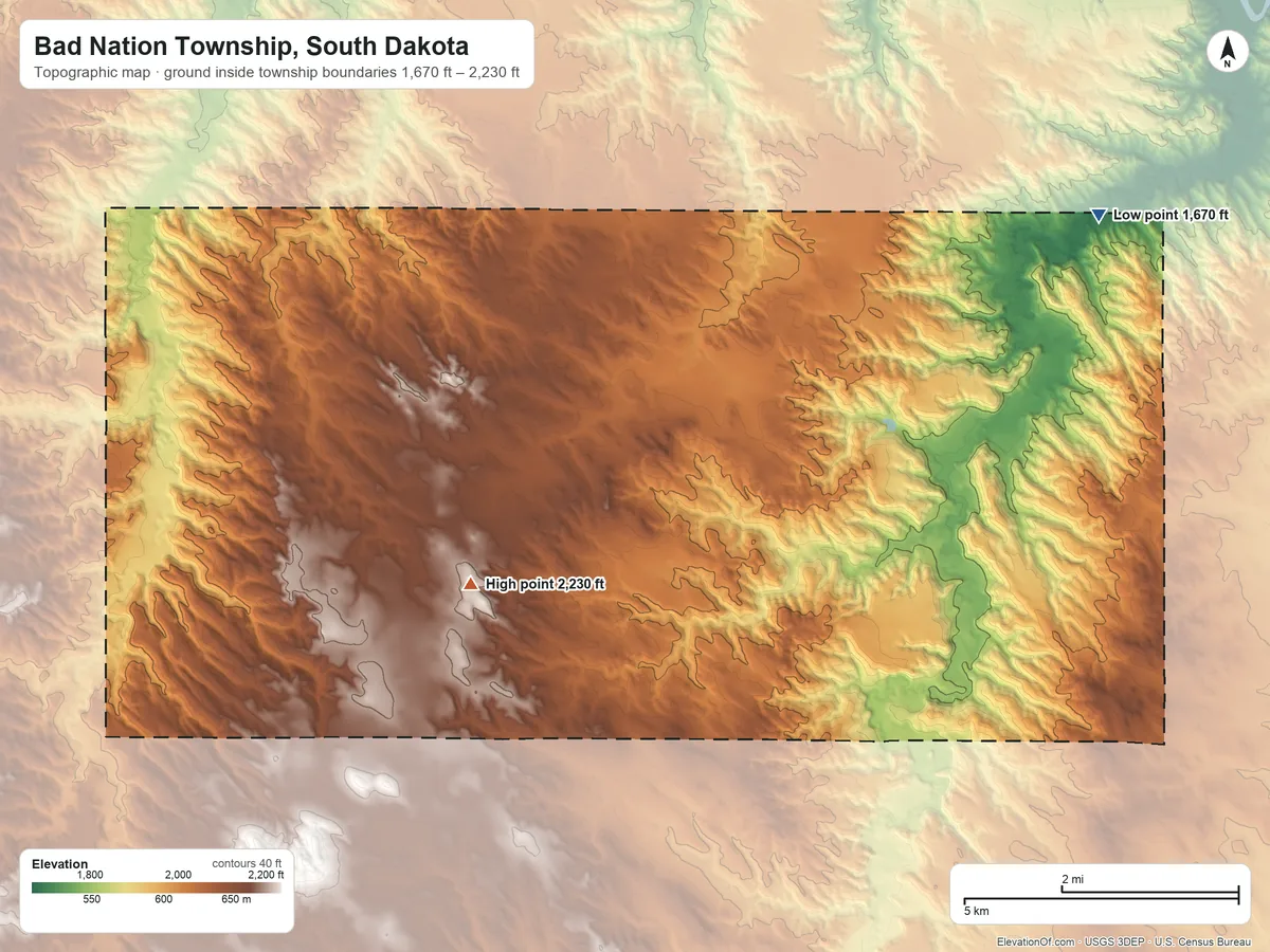 Topographic elevation map of Bad Nation Township, South Dakota, shaded from 1,670 ft on the northeast side to 2,230 ft near the middle