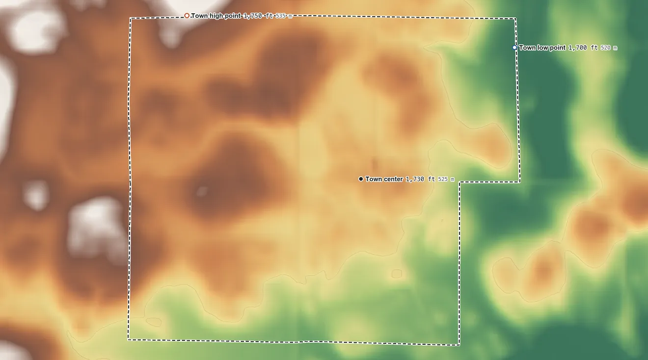 Topographic elevation map of Badger, South Dakota, shaded from 1,700 ft on the northeast side to 1,750 ft on the northwest side