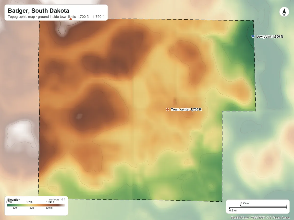 Topographic elevation map of Badger, South Dakota, shaded from 1,700 ft on the northeast side to 1,750 ft on the northwest side