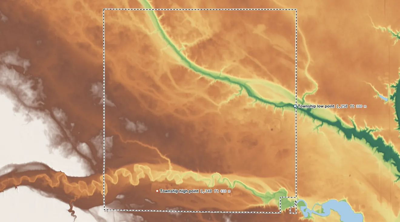 Topographic elevation map of Badger Township, Davison County, South Dakota, shaded from 1,250 ft on the east side to 1,340 ft on the southwest side
