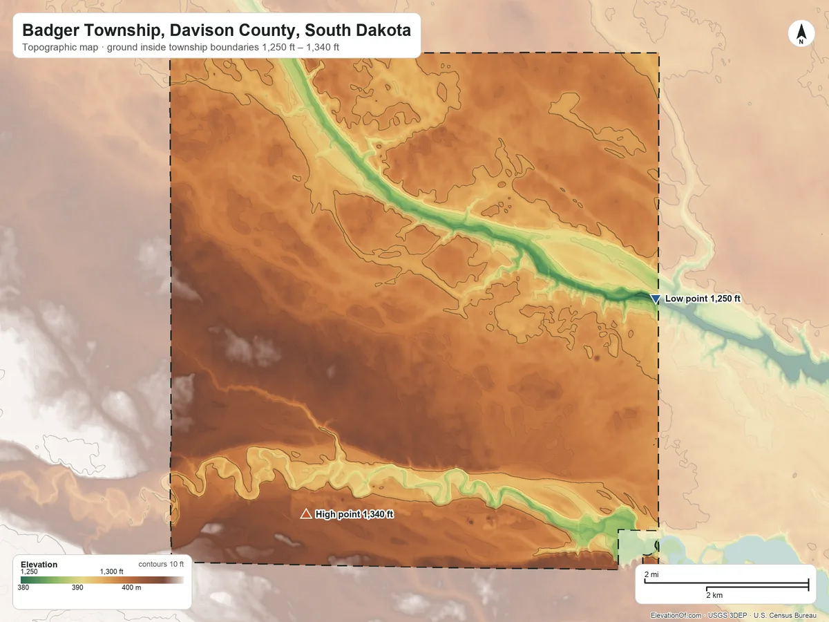 Topographic elevation map of Badger Township, Davison County, South Dakota, shaded from 1,250 ft on the east side to 1,340 ft on the southwest side