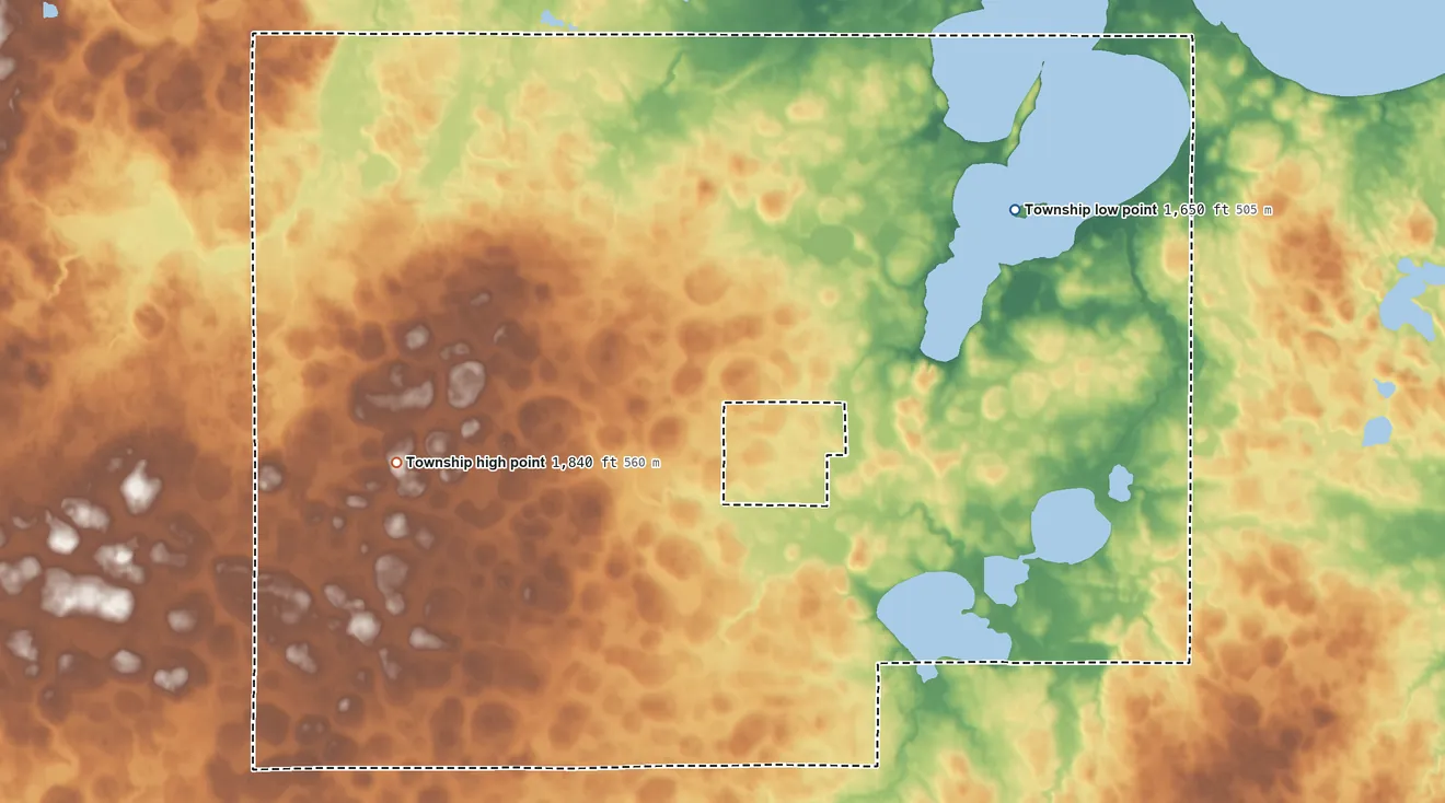Topographic elevation map of Badger Township, South Dakota, shaded from 1,650 ft on the east side to 1,840 ft on the southwest side