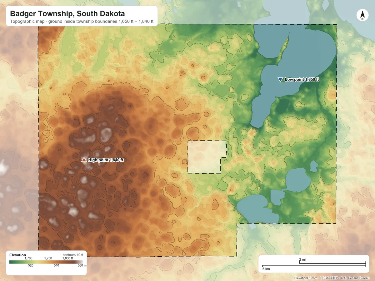 Topographic elevation map of Badger Township, South Dakota, shaded from 1,650 ft on the east side to 1,840 ft on the southwest side