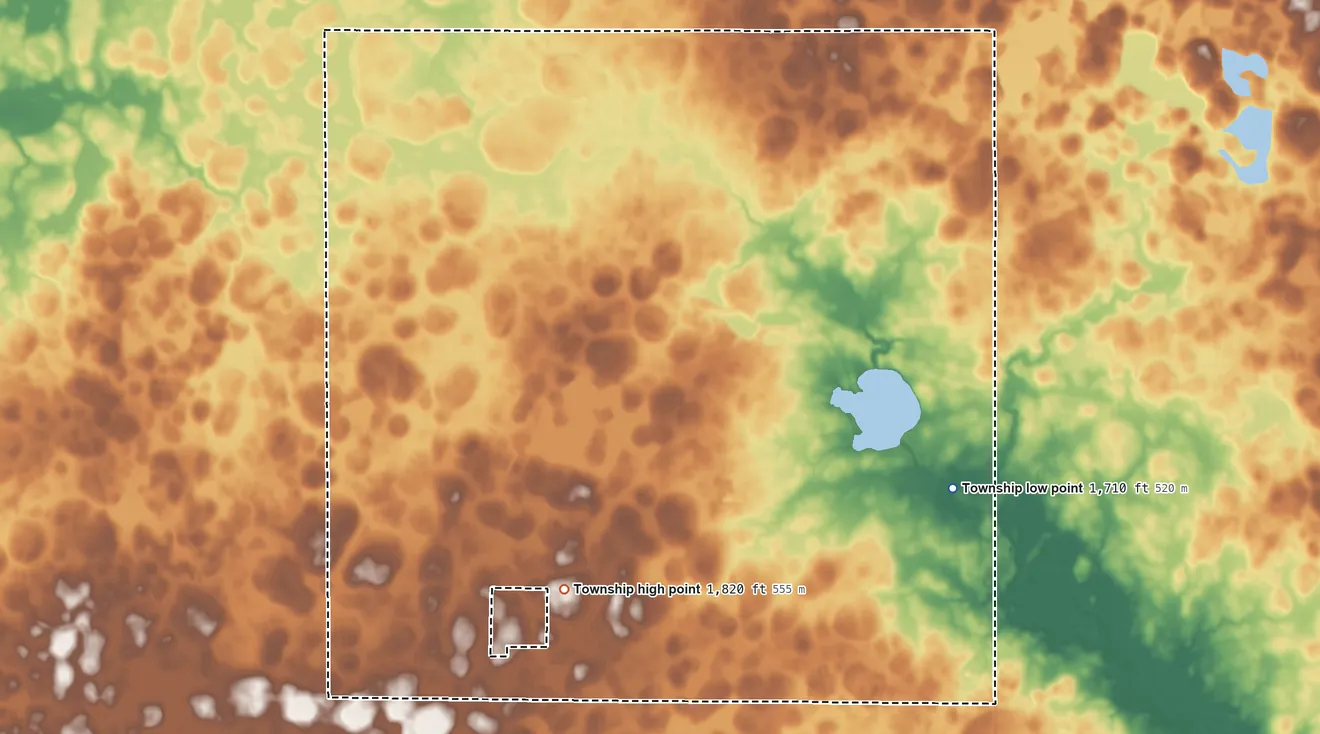Topographic elevation map of Badus Township, South Dakota, shaded from 1,710 ft on the east side to 1,820 ft on the southwest side