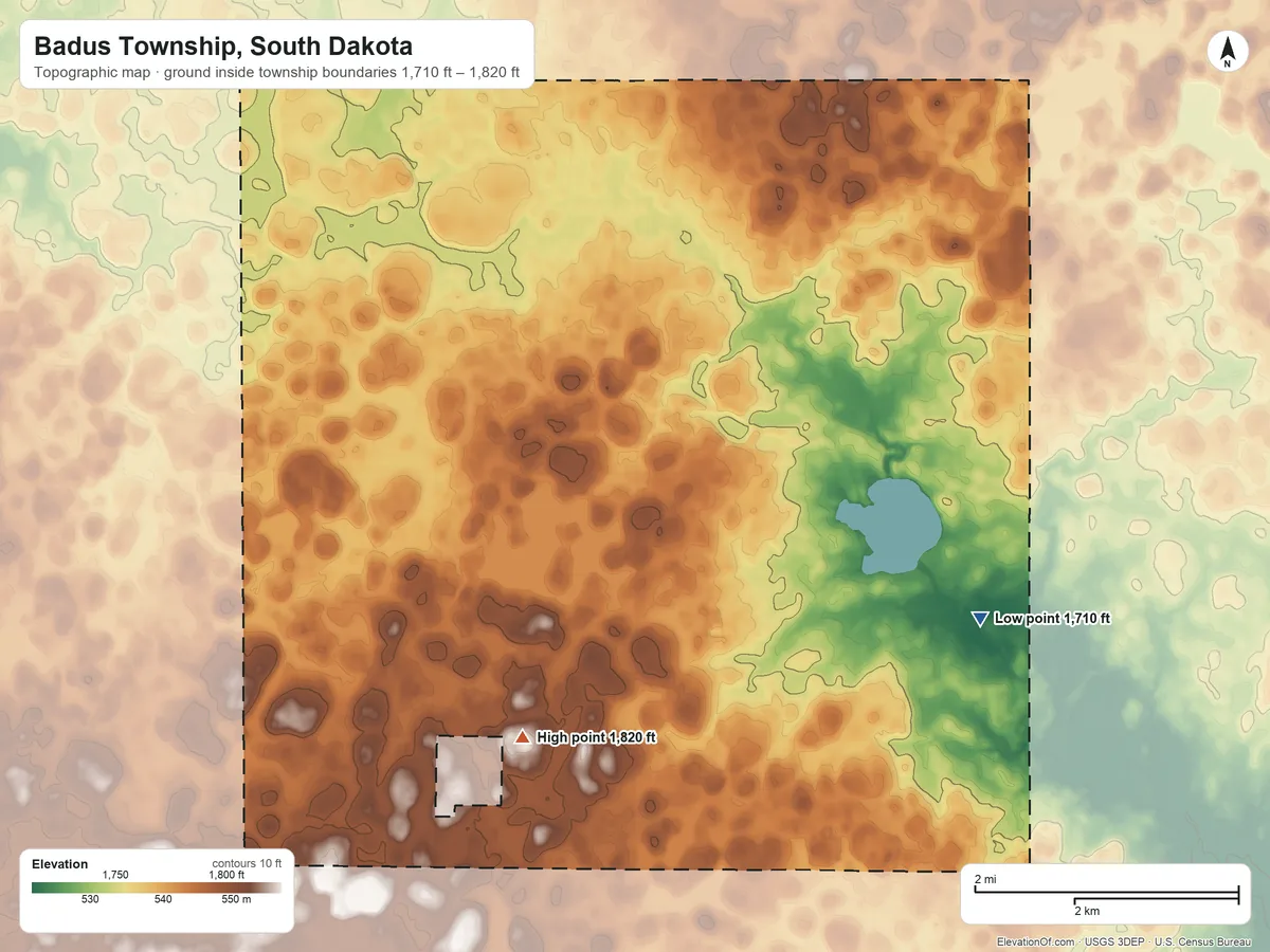 Topographic elevation map of Badus Township, South Dakota, shaded from 1,710 ft on the east side to 1,820 ft on the southwest side