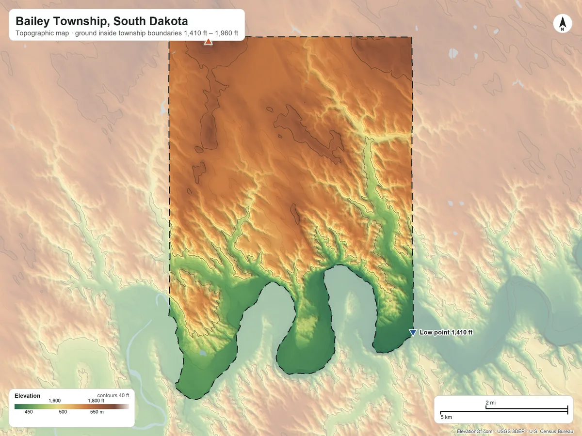Topographic elevation map of Bailey Township, South Dakota, shaded from 1,410 ft on the southeast side to 1,960 ft on the northwest side