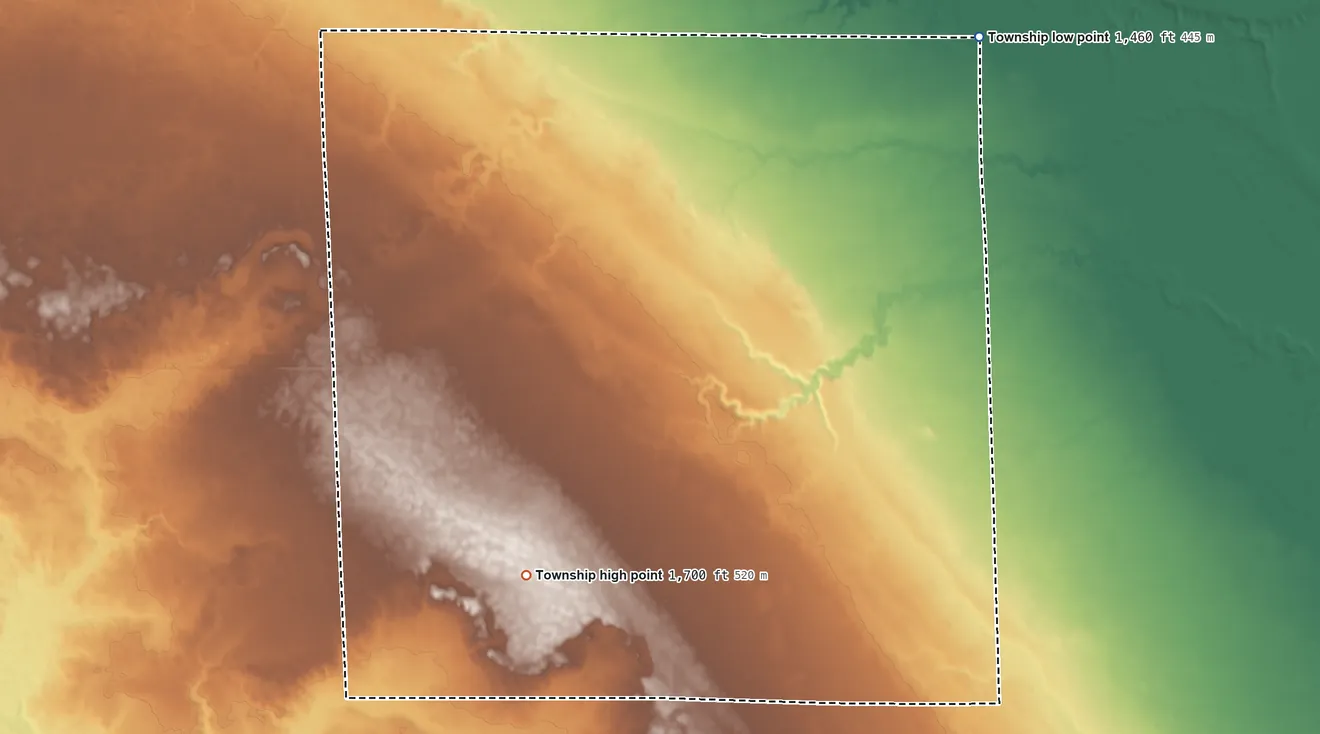 Topographic elevation map of Baker Township, Davison County, South Dakota, shaded from 1,460 ft on the northeast side to 1,700 ft on the southwest side