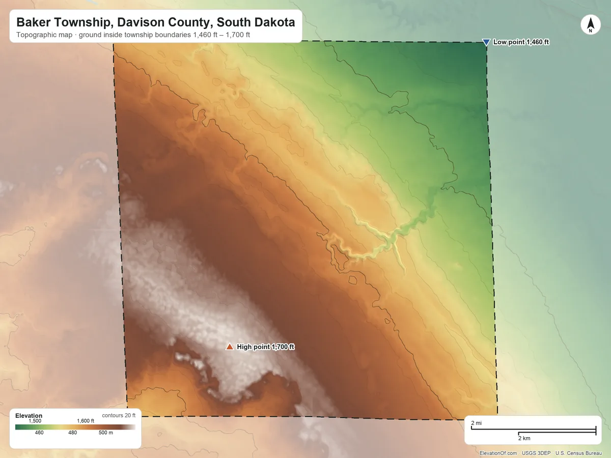 Topographic elevation map of Baker Township, Davison County, South Dakota, shaded from 1,460 ft on the northeast side to 1,700 ft on the southwest side