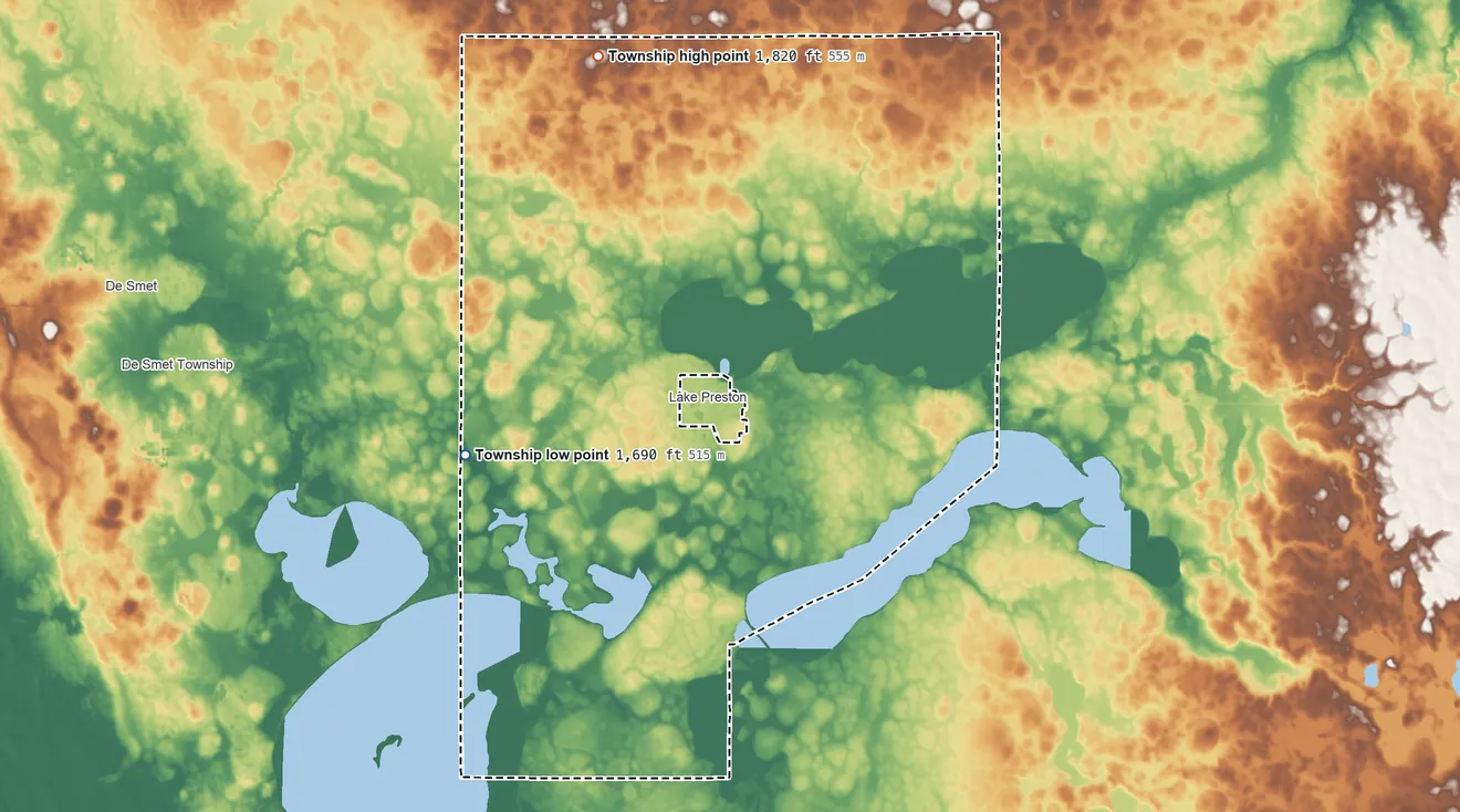 Topographic elevation map of Baker Township, South Dakota, shaded from 1,690 ft on the southwest side to 1,820 ft on the northwest side