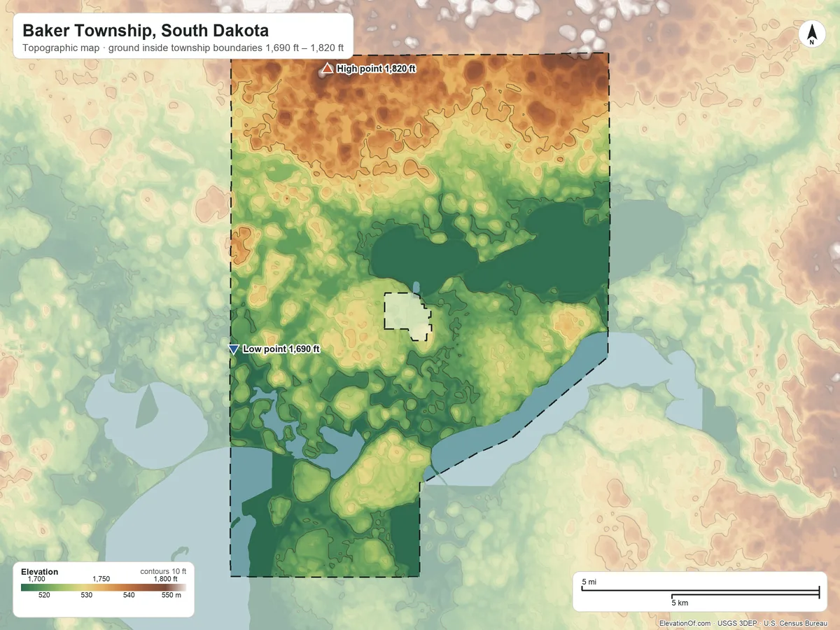 Topographic elevation map of Baker Township, South Dakota, shaded from 1,690 ft on the southwest side to 1,820 ft on the northwest side