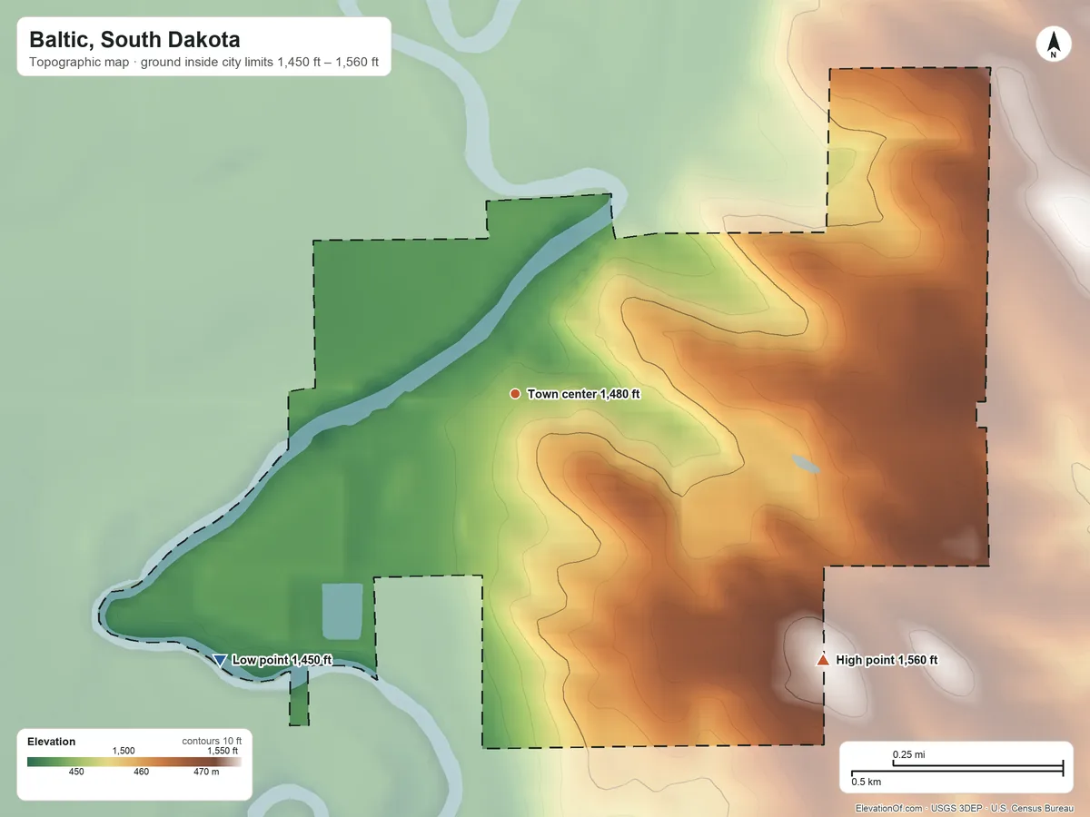 Topographic elevation map of Baltic, South Dakota, shaded from 1,450 ft on the southwest side to 1,560 ft on the southeast side