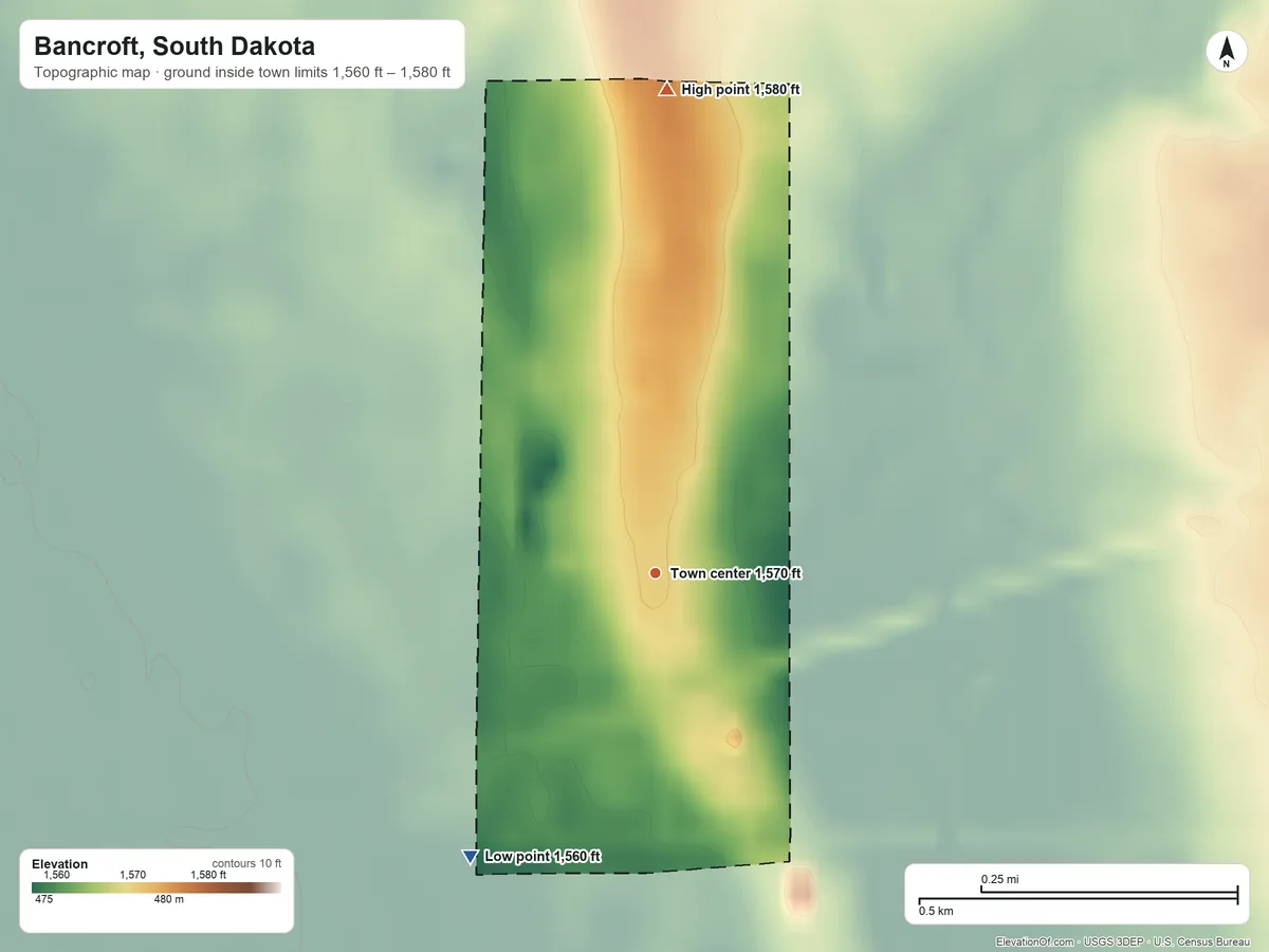 Topographic elevation map of Bancroft, South Dakota, shaded from 1,560 ft on the southwest side to 1,580 ft on the north side