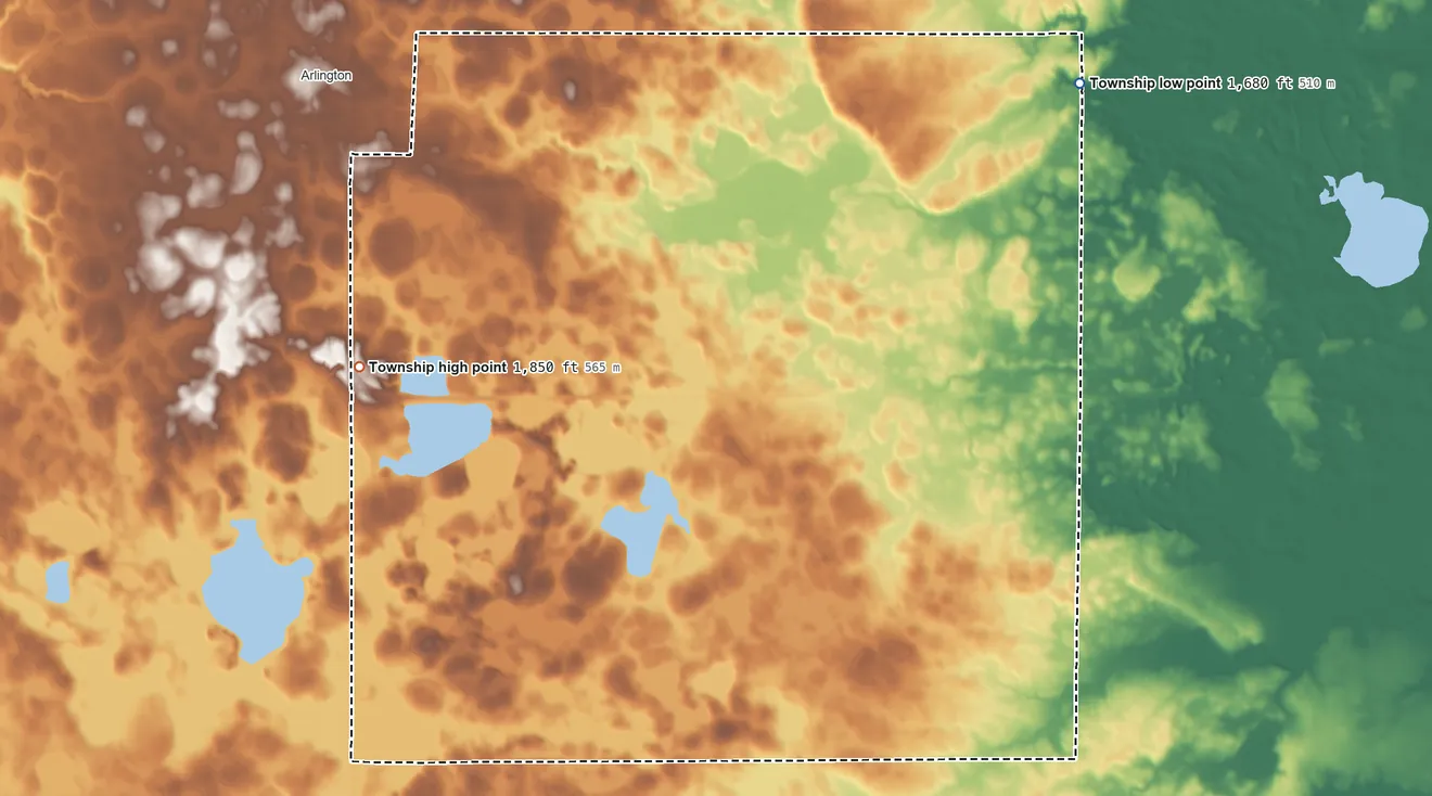 Topographic elevation map of Bangor Township, South Dakota, shaded from 1,680 ft on the northeast side to 1,850 ft on the west side