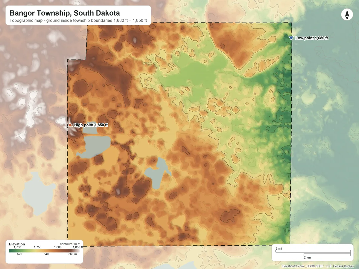 Topographic elevation map of Bangor Township, South Dakota, shaded from 1,680 ft on the northeast side to 1,850 ft on the west side