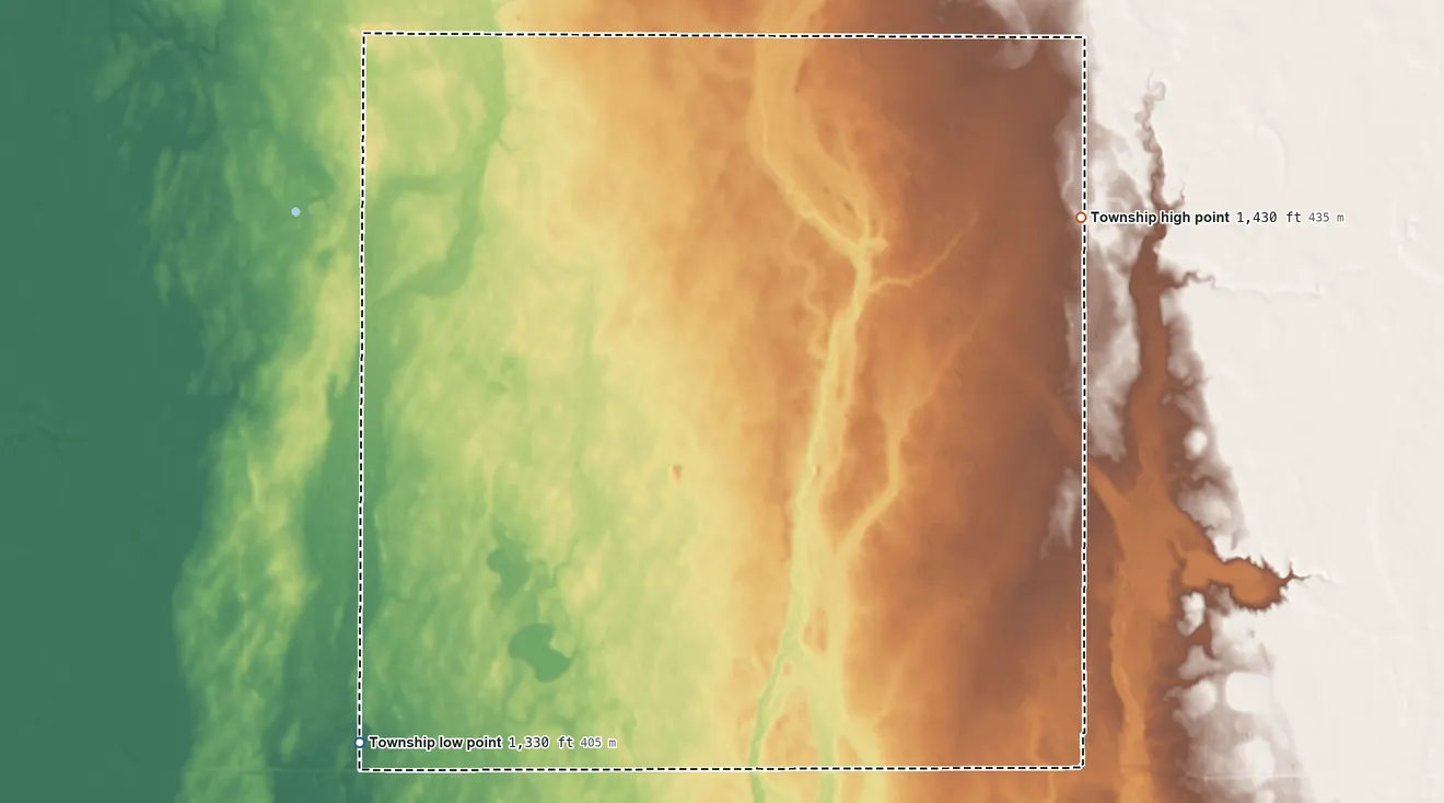 Topographic elevation map of Banner Township, South Dakota, shaded from 1,330 ft on the southwest side to 1,430 ft on the northeast side