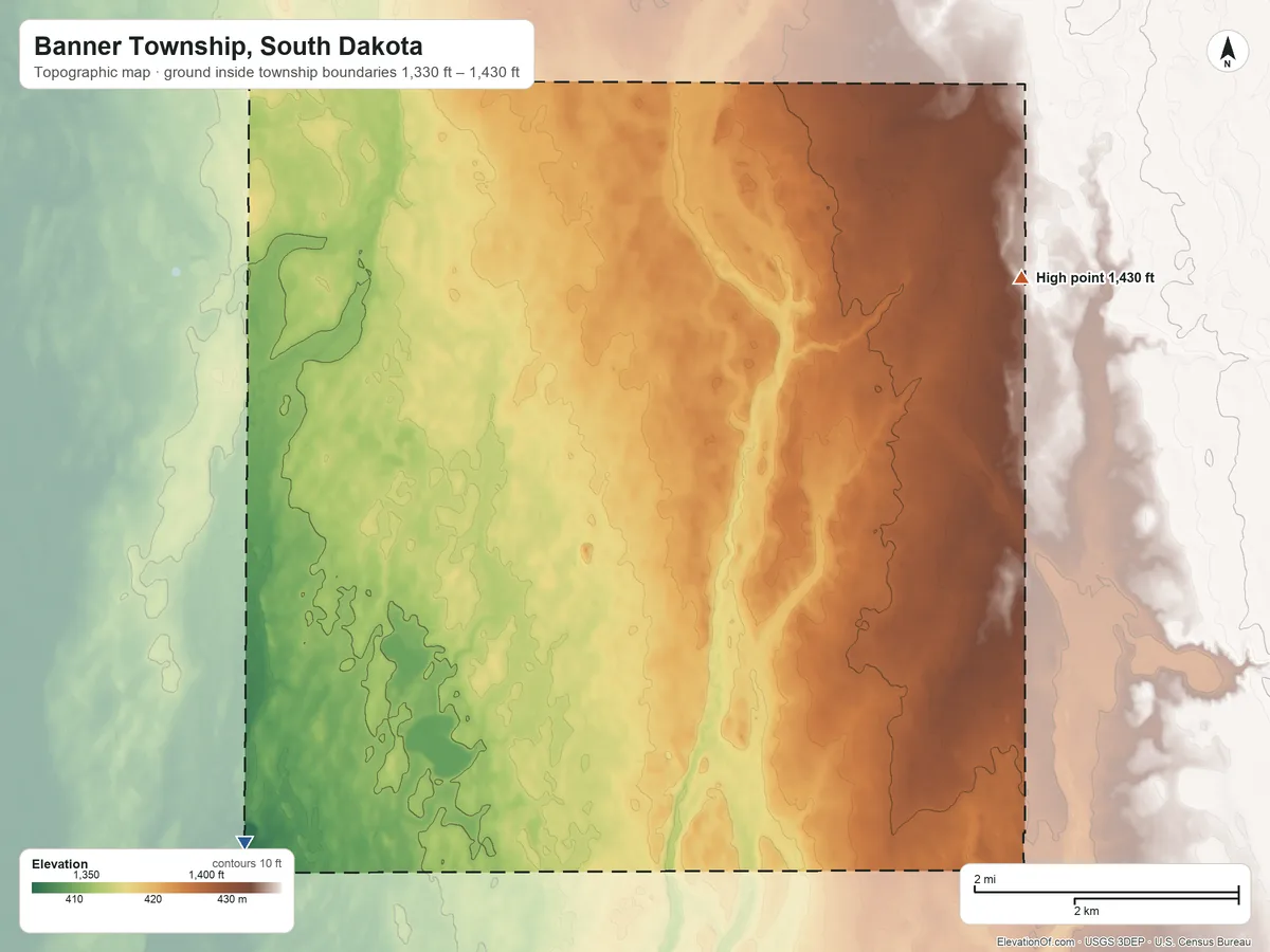 Topographic elevation map of Banner Township, South Dakota, shaded from 1,330 ft on the southwest side to 1,430 ft on the northeast side