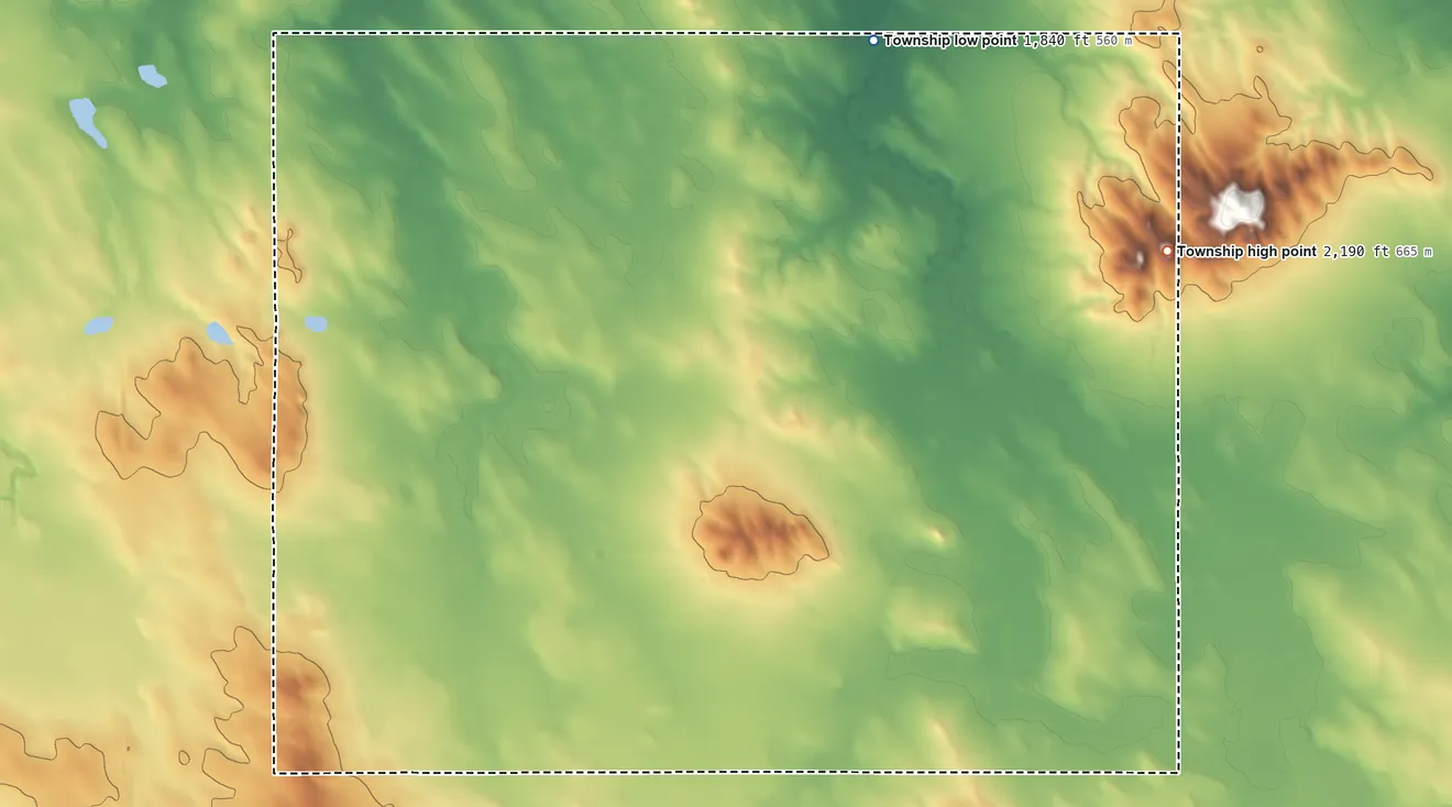 Topographic elevation map of Banner Township, Tripp County, South Dakota, shaded from 1,840 ft on the north side to 2,190 ft on the northeast side