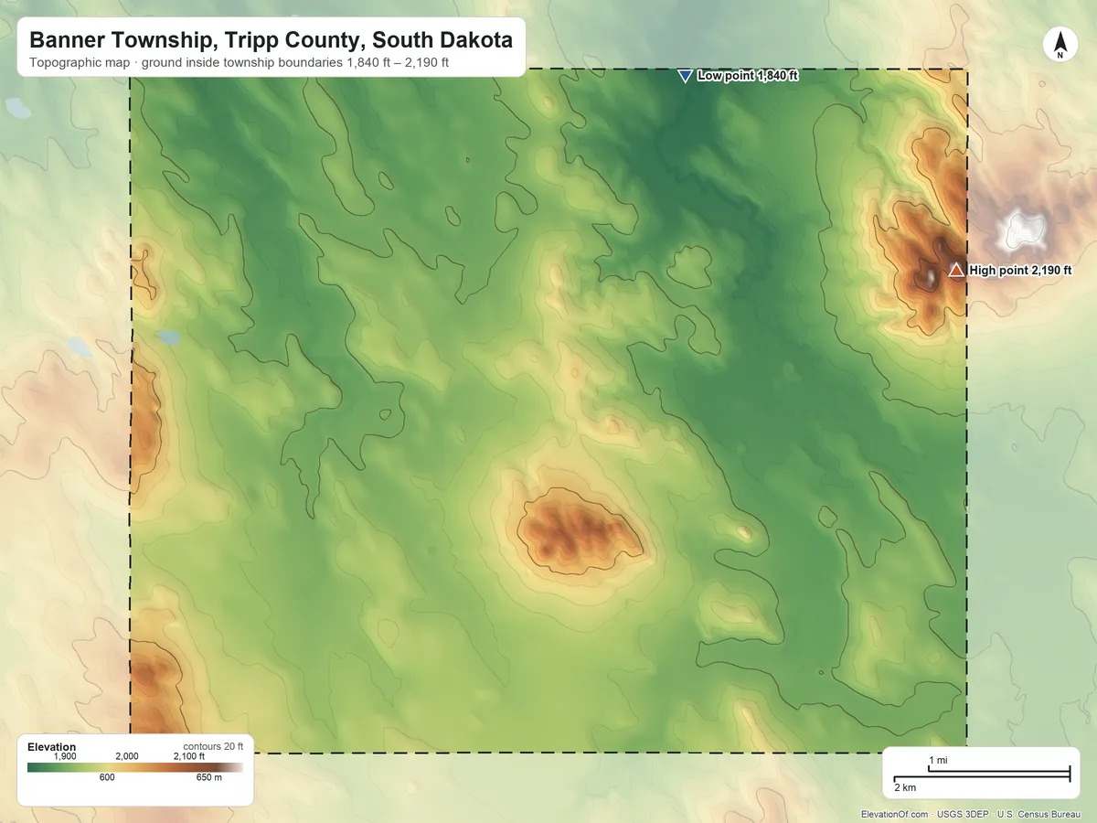 Topographic elevation map of Banner Township, Tripp County, South Dakota, shaded from 1,840 ft on the north side to 2,190 ft on the northeast side
