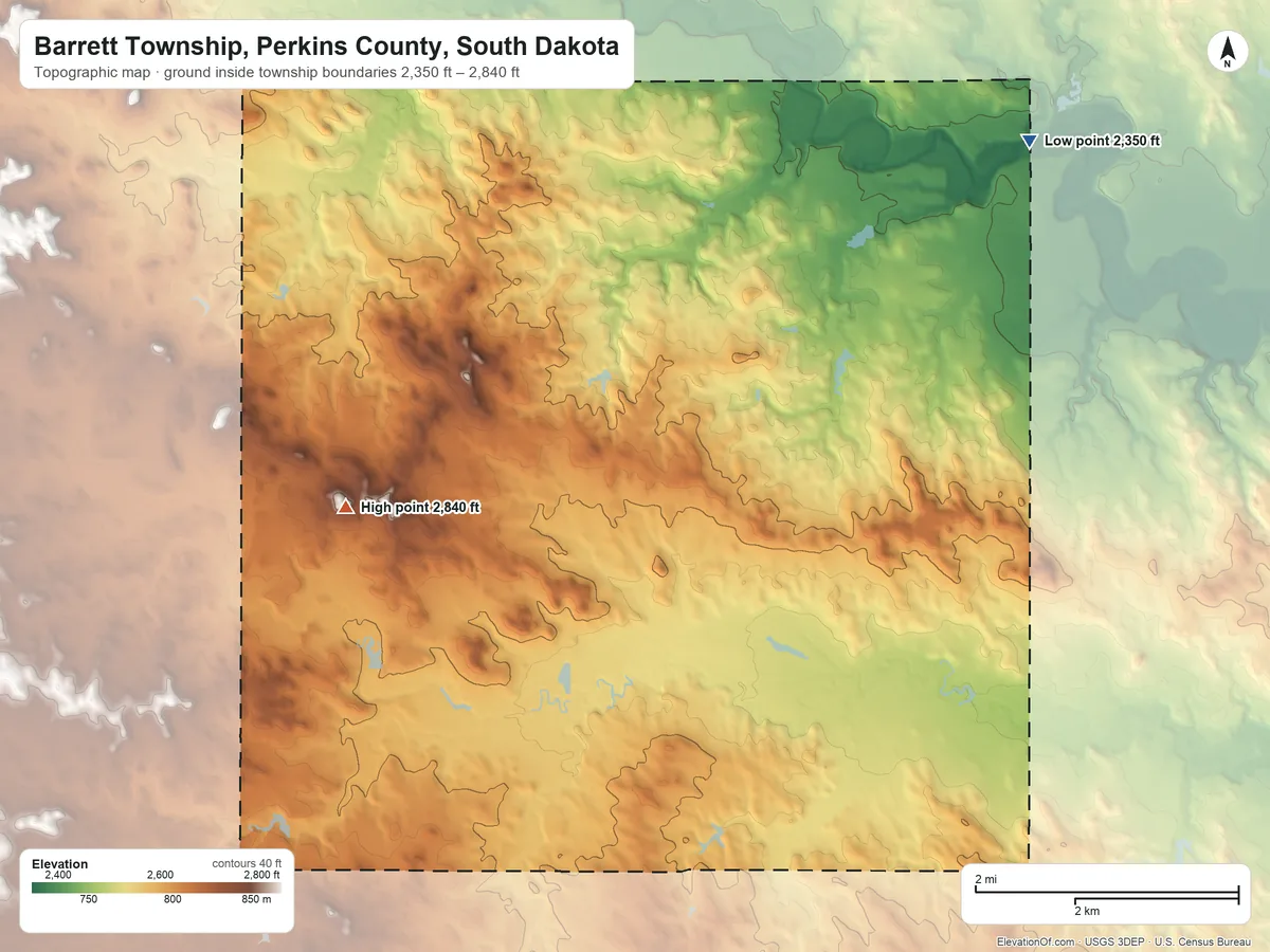 Topographic elevation map of Barrett Township, Perkins County, South Dakota, shaded from 2,350 ft on the northeast side to 2,840 ft on the northwest side
