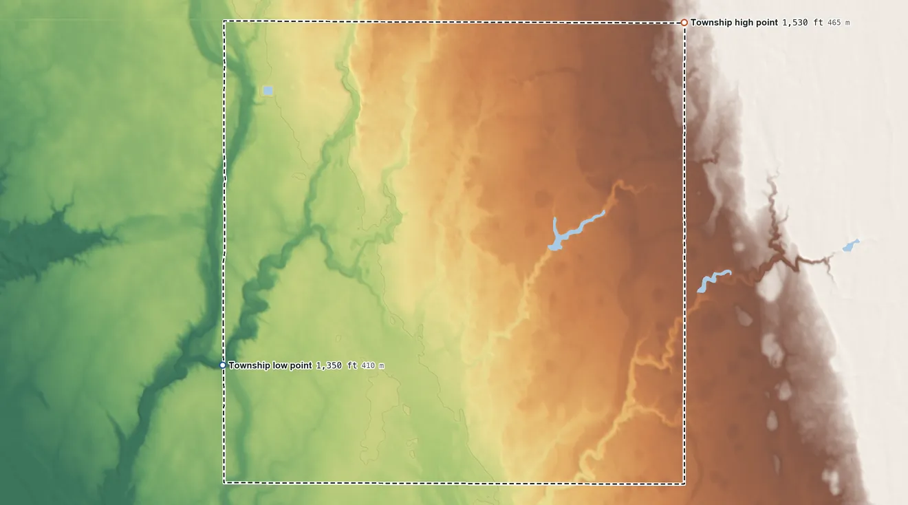 Topographic elevation map of Barrett Township, South Dakota, shaded from 1,350 ft on the southwest side to 1,530 ft on the east side