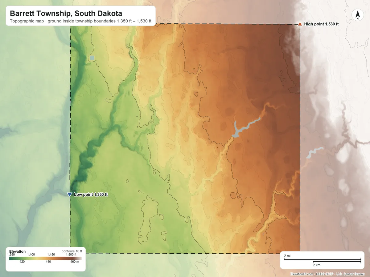 Topographic elevation map of Barrett Township, South Dakota, shaded from 1,350 ft on the southwest side to 1,530 ft on the east side