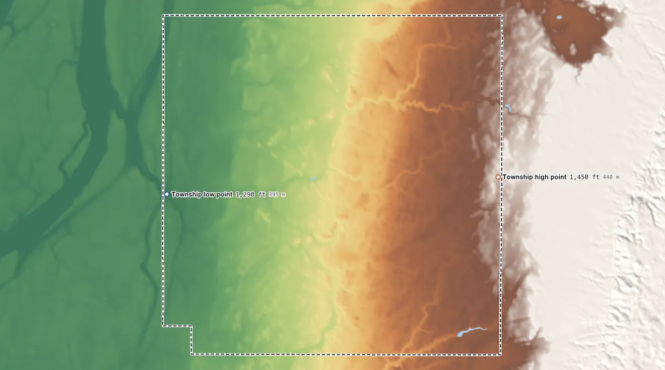 Topographic elevation map of Bates Township, Brown County, South Dakota, shaded from 1,290 ft on the southwest side to 1,450 ft on the east side