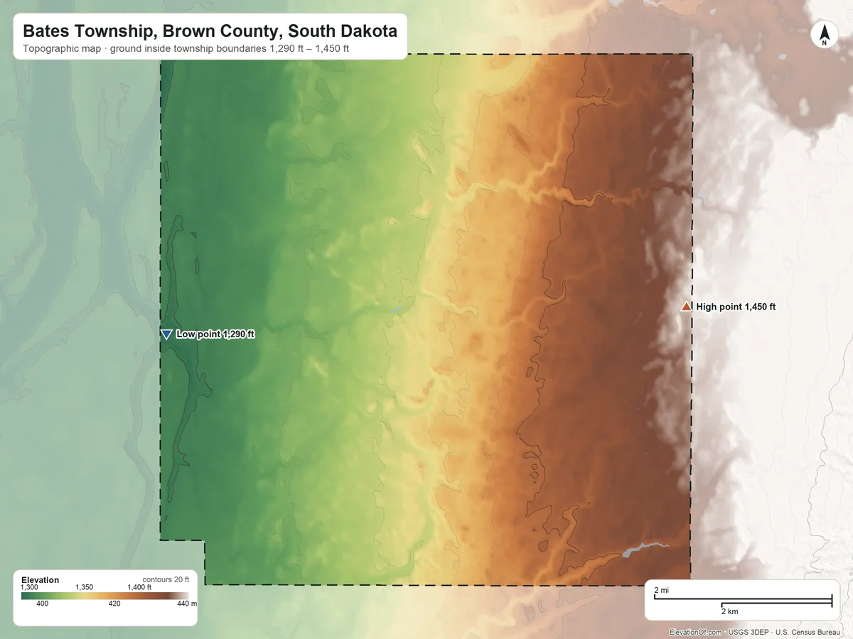Topographic elevation map of Bates Township, Brown County, South Dakota, shaded from 1,290 ft on the southwest side to 1,450 ft on the east side