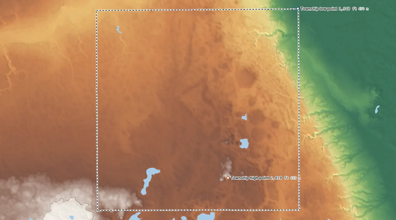 Topographic elevation map of Bates Township, South Dakota, shaded from 1,540 ft on the northeast side to 2,010 ft on the southeast side
