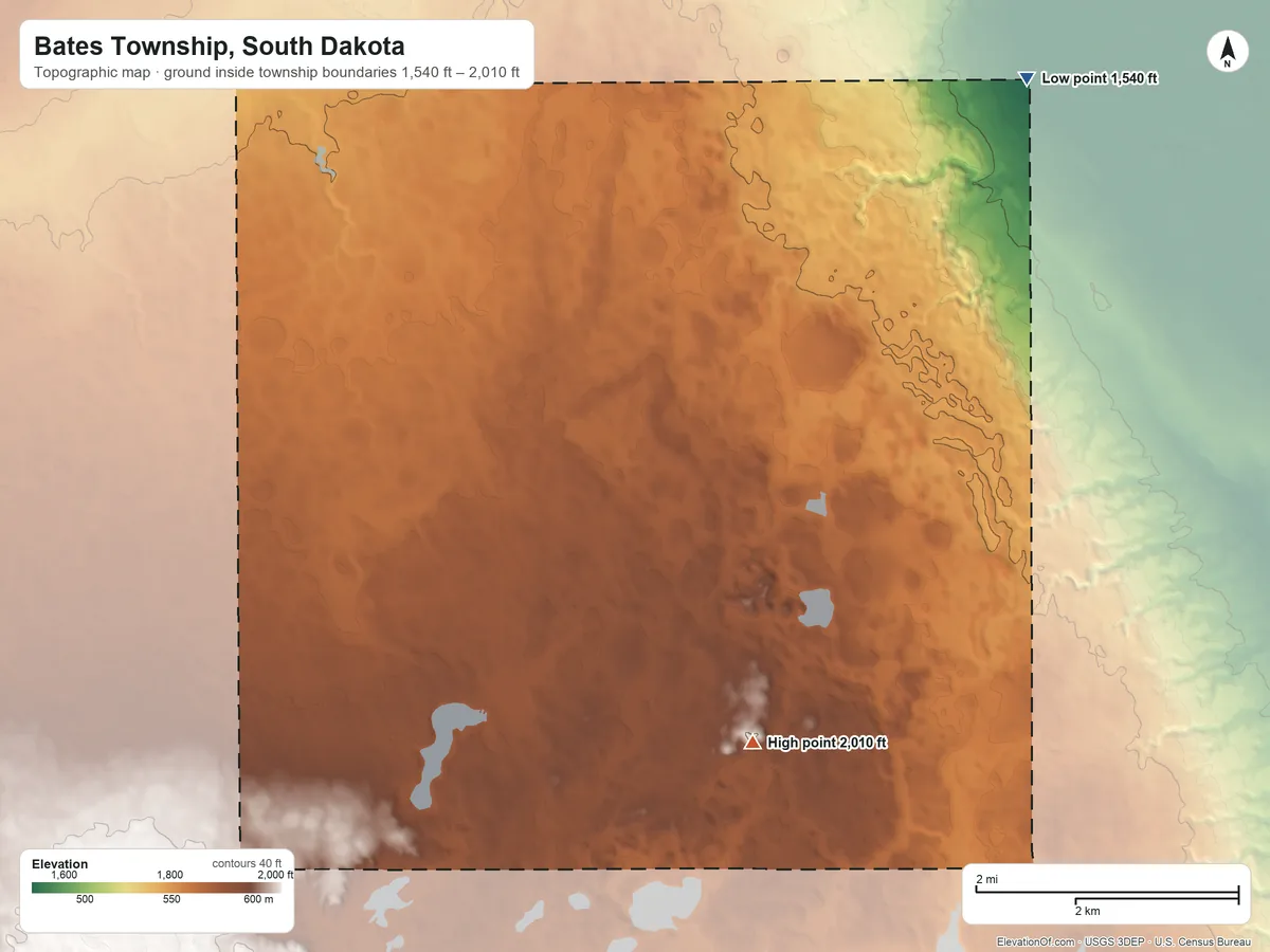 Topographic elevation map of Bates Township, South Dakota, shaded from 1,540 ft on the northeast side to 2,010 ft on the southeast side