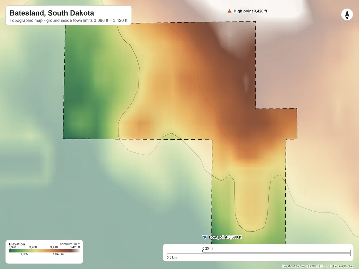 Topographic elevation map of Batesland, South Dakota, shaded from 3,390 ft on the south side to 3,420 ft on the northeast side