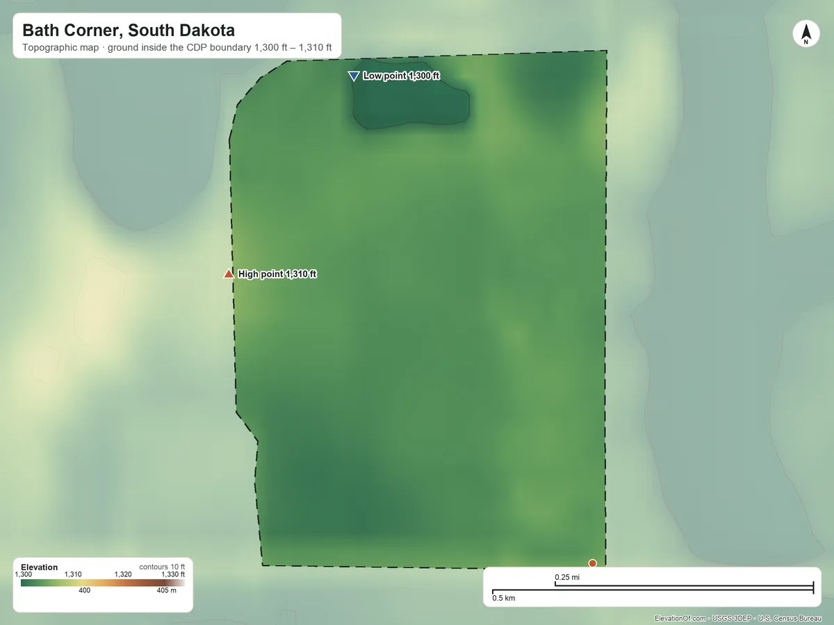 Topographic elevation map of Bath Corner, South Dakota, shaded from 1,300 ft on the northwest side to 1,310 ft on the northwest side