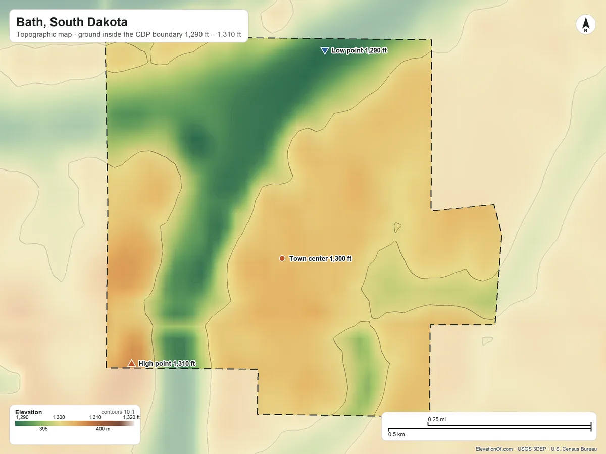 Topographic elevation map of Bath, South Dakota, shaded from 1,290 ft on the north side to 1,310 ft on the southwest side