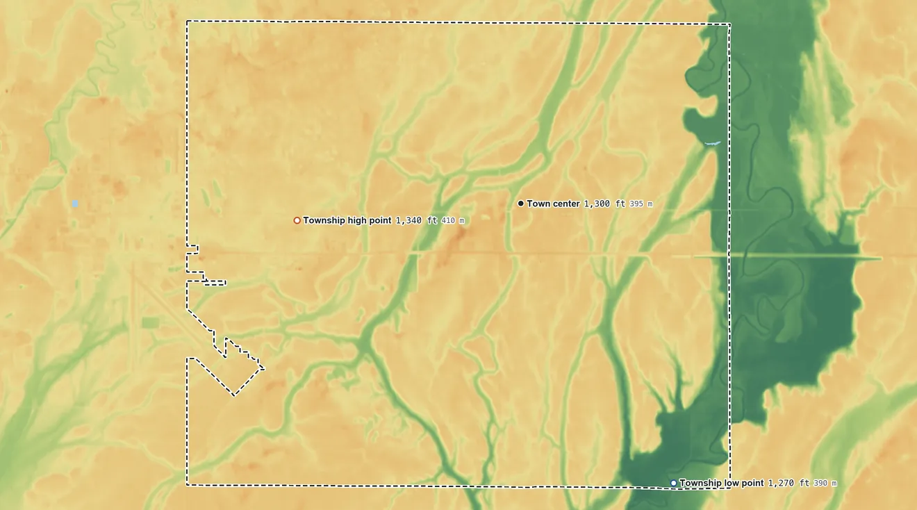 Topographic elevation map of Bath Township, South Dakota, shaded from 1,270 ft on the southeast side to 1,340 ft on the west side