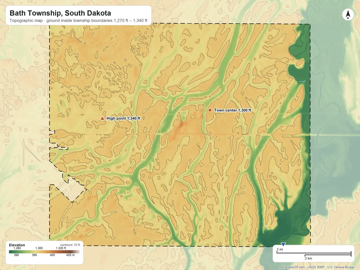 Topographic elevation map of Bath Township, South Dakota, shaded from 1,270 ft on the southeast side to 1,340 ft on the west side