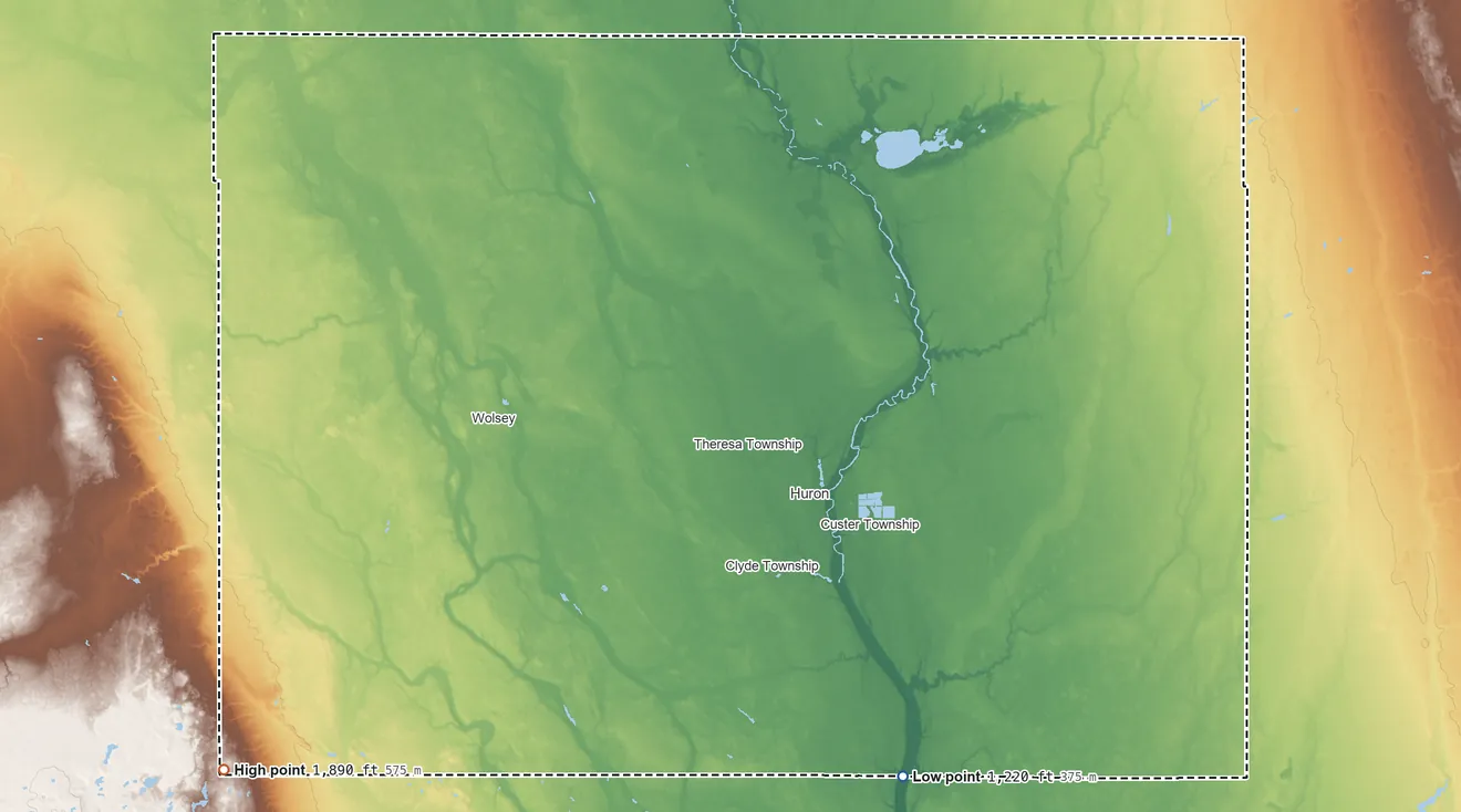 Topographic elevation map of Beadle County, South Dakota, shaded from 1,220 ft on the southeast side to 1,890 ft on the southwest side