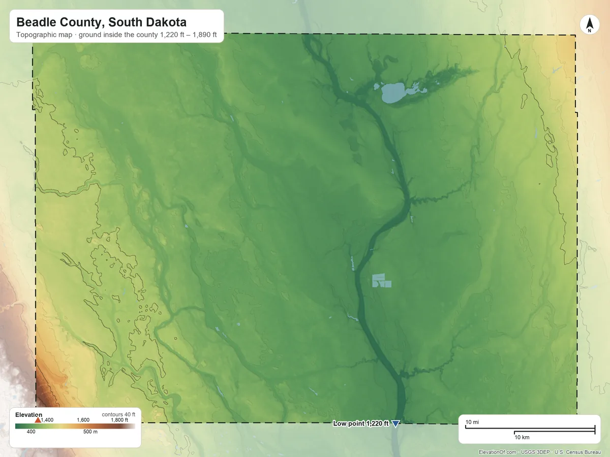 Topographic elevation map of Beadle County, South Dakota, shaded from 1,220 ft on the southeast side to 1,890 ft on the southwest side