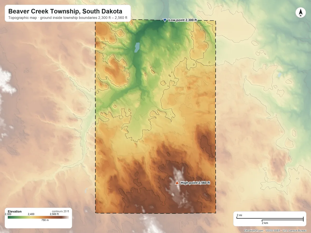 Topographic elevation map of Beaver Creek Township, South Dakota, shaded from 2,300 ft on the north side to 2,560 ft on the southeast side