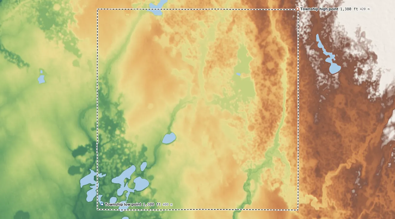 Topographic elevation map of Beaver Township, South Dakota, shaded from 1,300 ft on the southwest side to 1,380 ft on the northeast side