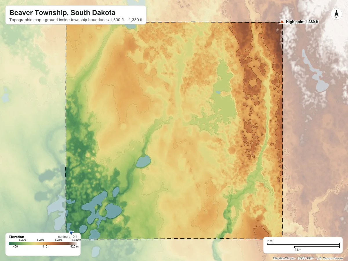 Topographic elevation map of Beaver Township, South Dakota, shaded from 1,300 ft on the southwest side to 1,380 ft on the northeast side