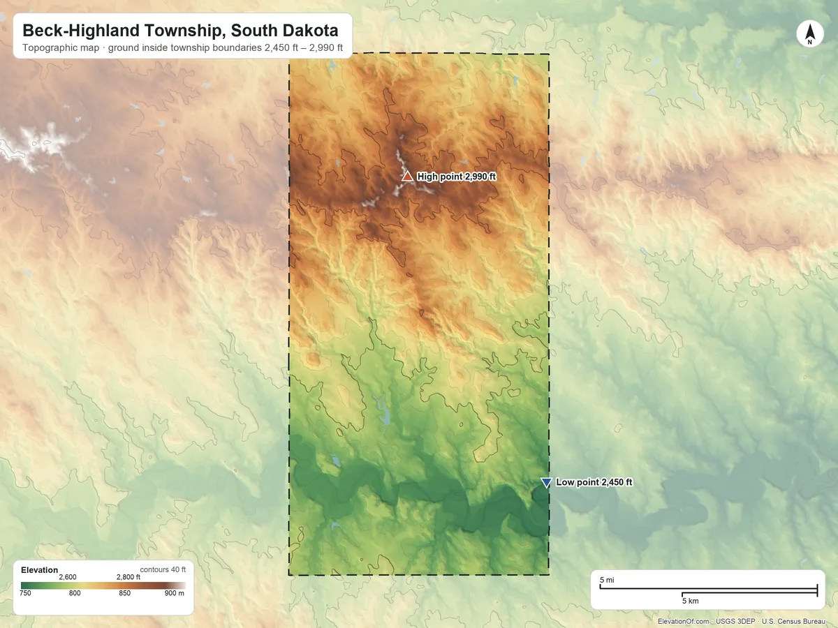 Topographic elevation map of Beck-Highland Township, South Dakota, shaded from 2,450 ft on the east side to 2,990 ft on the north side