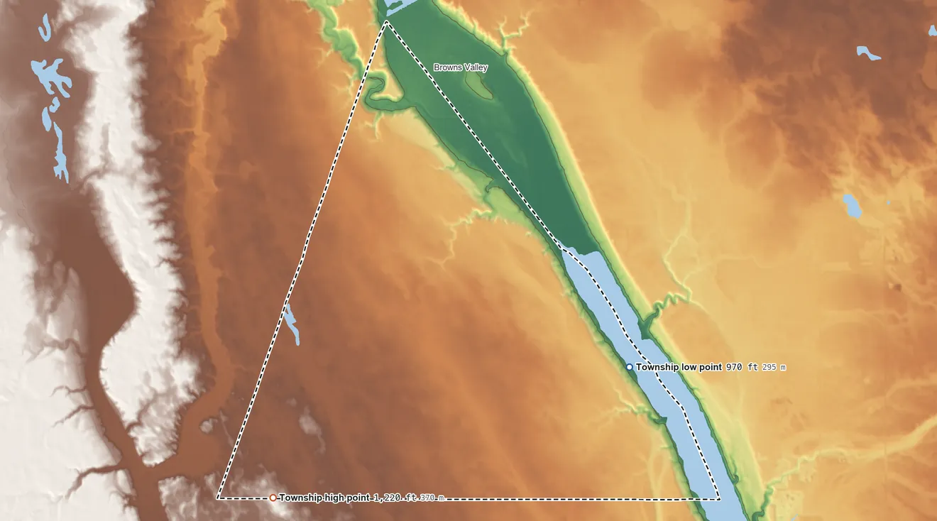 Topographic elevation map of Becker Township, South Dakota, shaded from 970 ft on the east side to 1,220 ft on the southwest side