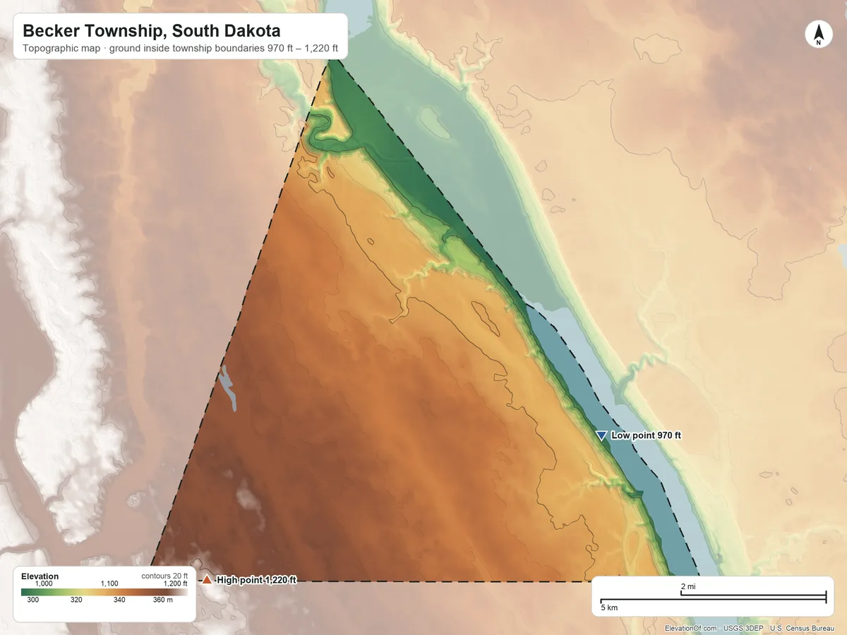 Topographic elevation map of Becker Township, South Dakota, shaded from 970 ft on the east side to 1,220 ft on the southwest side