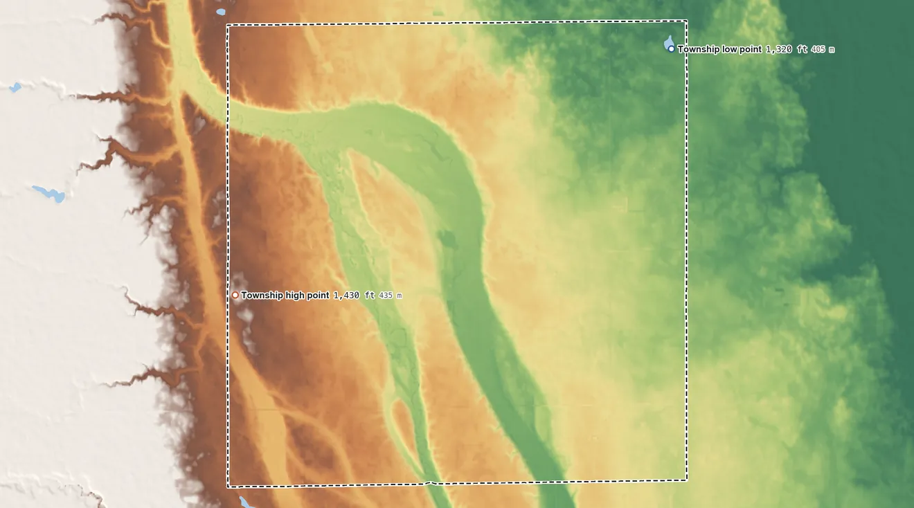 Topographic elevation map of Belford Township, South Dakota, shaded from 1,320 ft on the northeast side to 1,430 ft on the west side