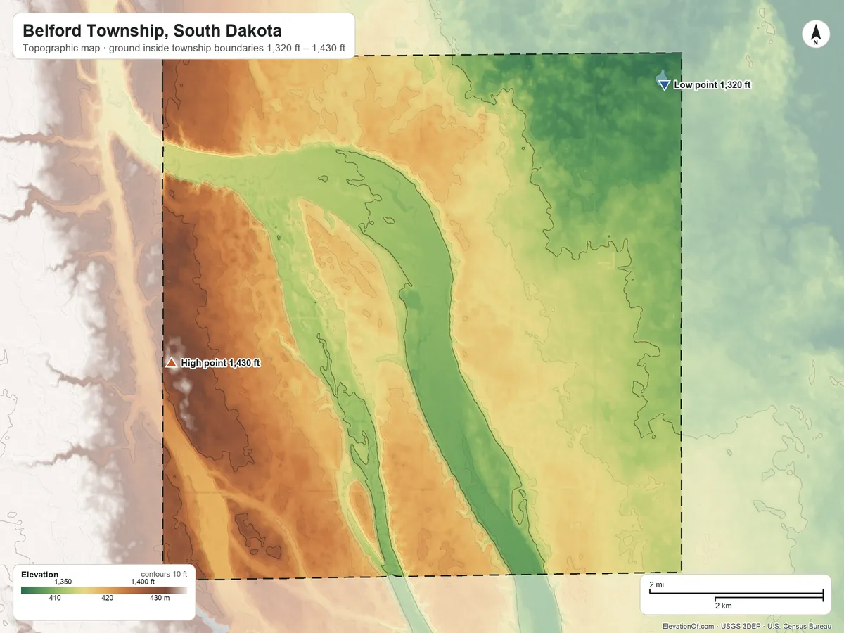 Topographic elevation map of Belford Township, South Dakota, shaded from 1,320 ft on the northeast side to 1,430 ft on the west side
