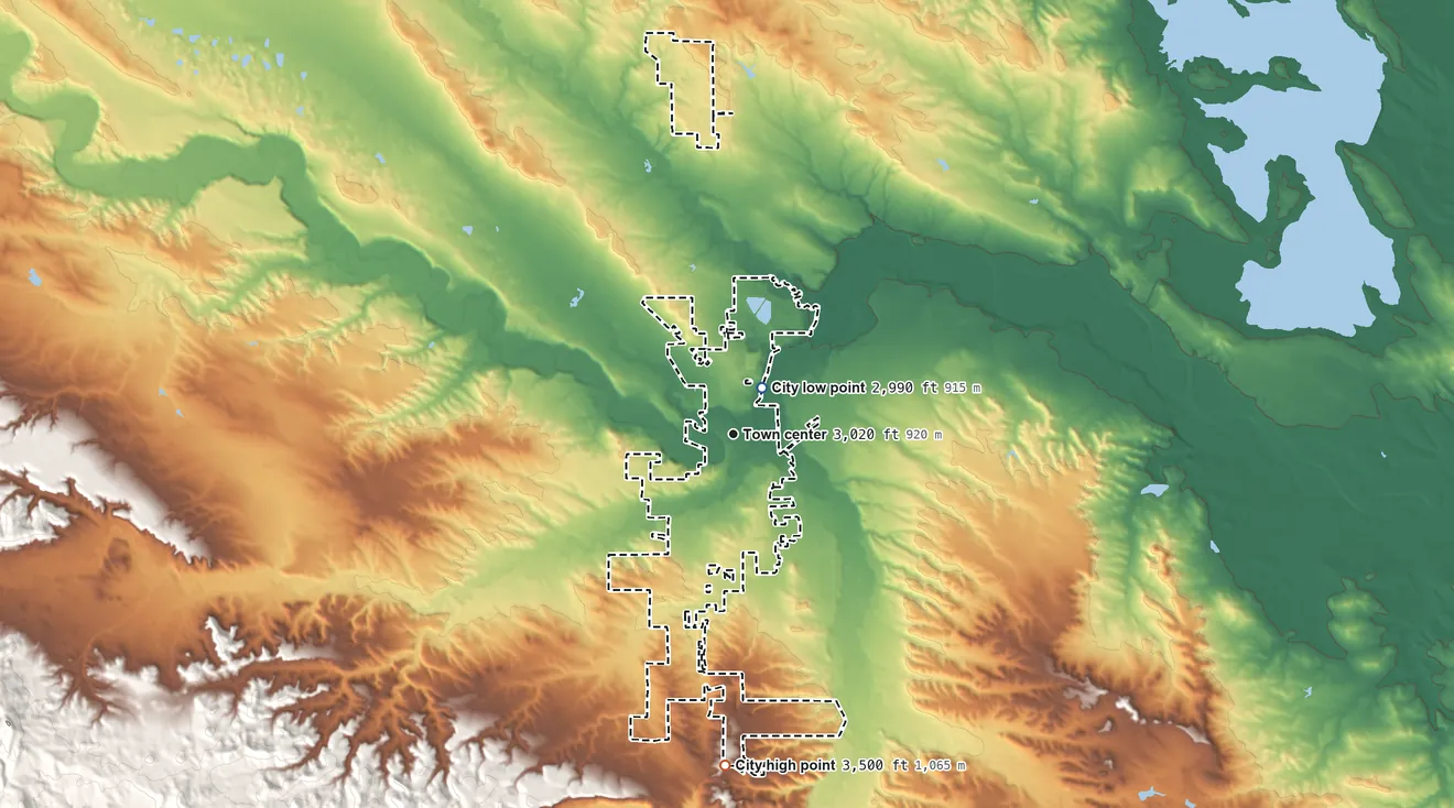 Topographic elevation map of Belle Fourche, South Dakota, shaded from 2,990 ft near the middle to 3,500 ft on the south side