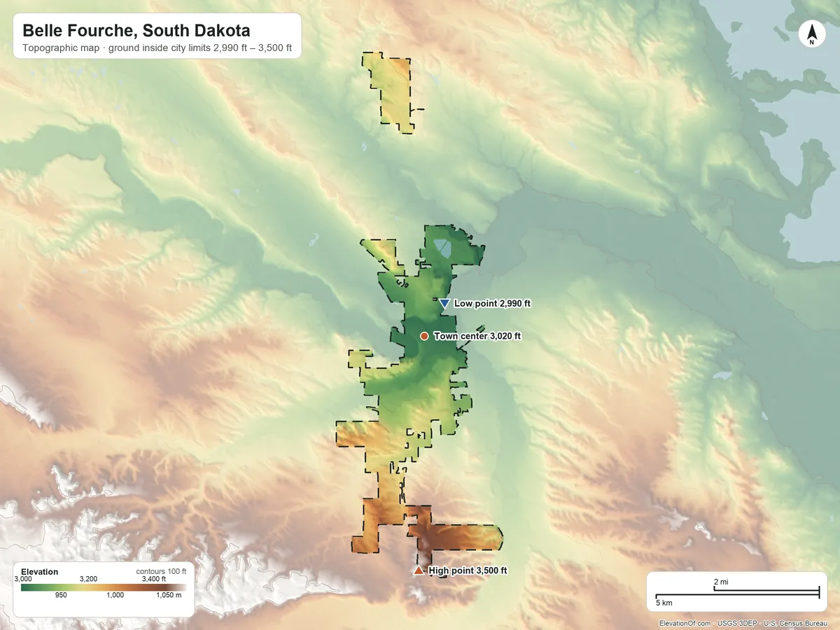 Topographic elevation map of Belle Fourche, South Dakota, shaded from 2,990 ft near the middle to 3,500 ft on the south side