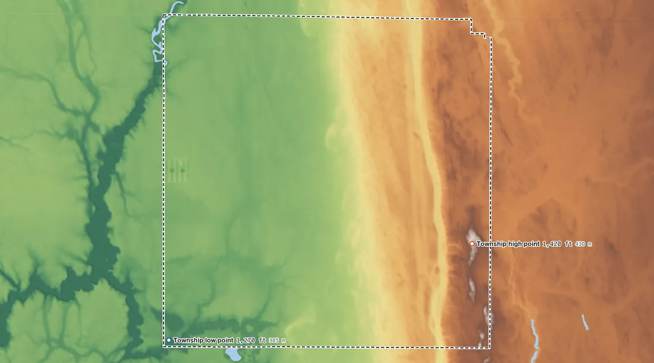 Topographic elevation map of Belle Plaine Township, South Dakota, shaded from 1,270 ft on the southwest side to 1,420 ft on the east side